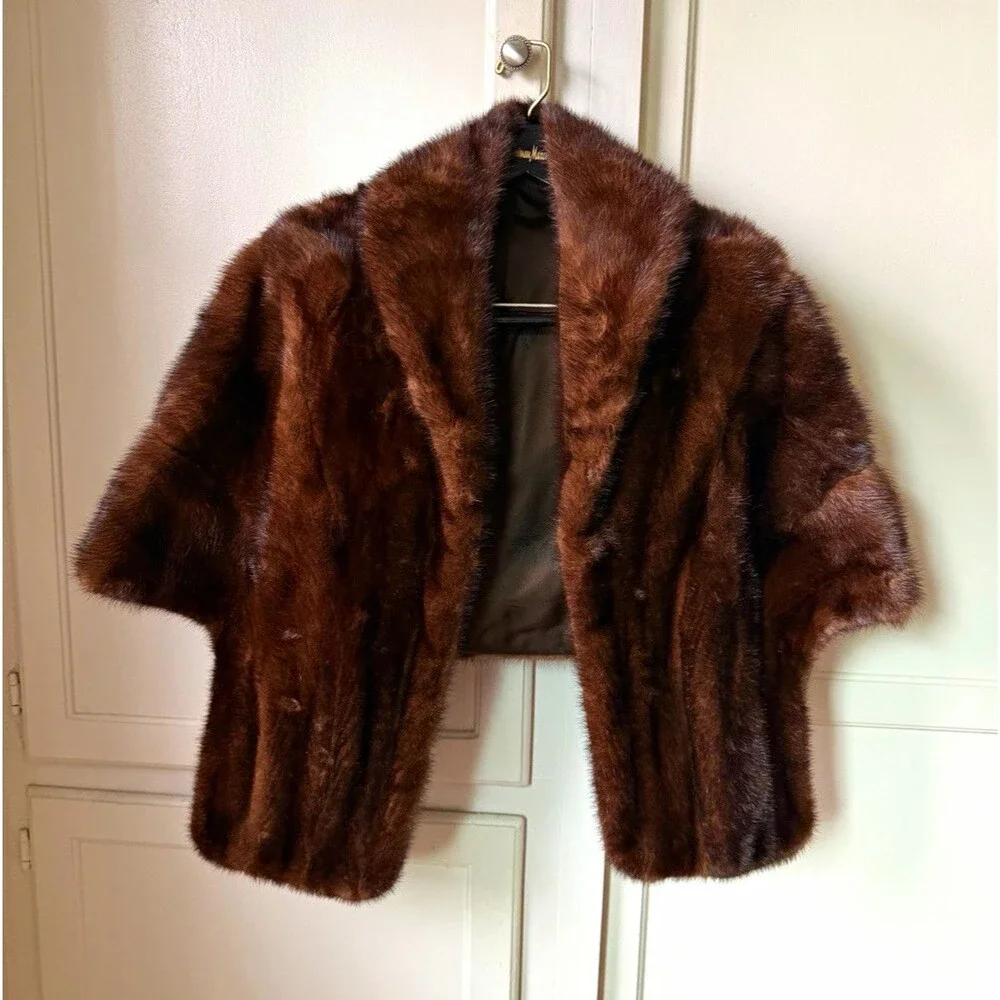Vintage Anne Lee Gray Beverly Hills Genuine Brown Mink Fur Stole Cape Bolero